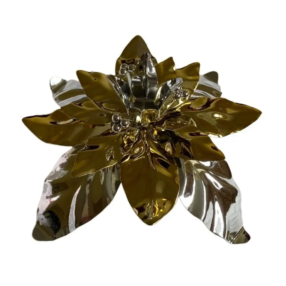 Vintage Department 56 Poinsettia Taper Candle Holder Silver Gold Shinny Finish